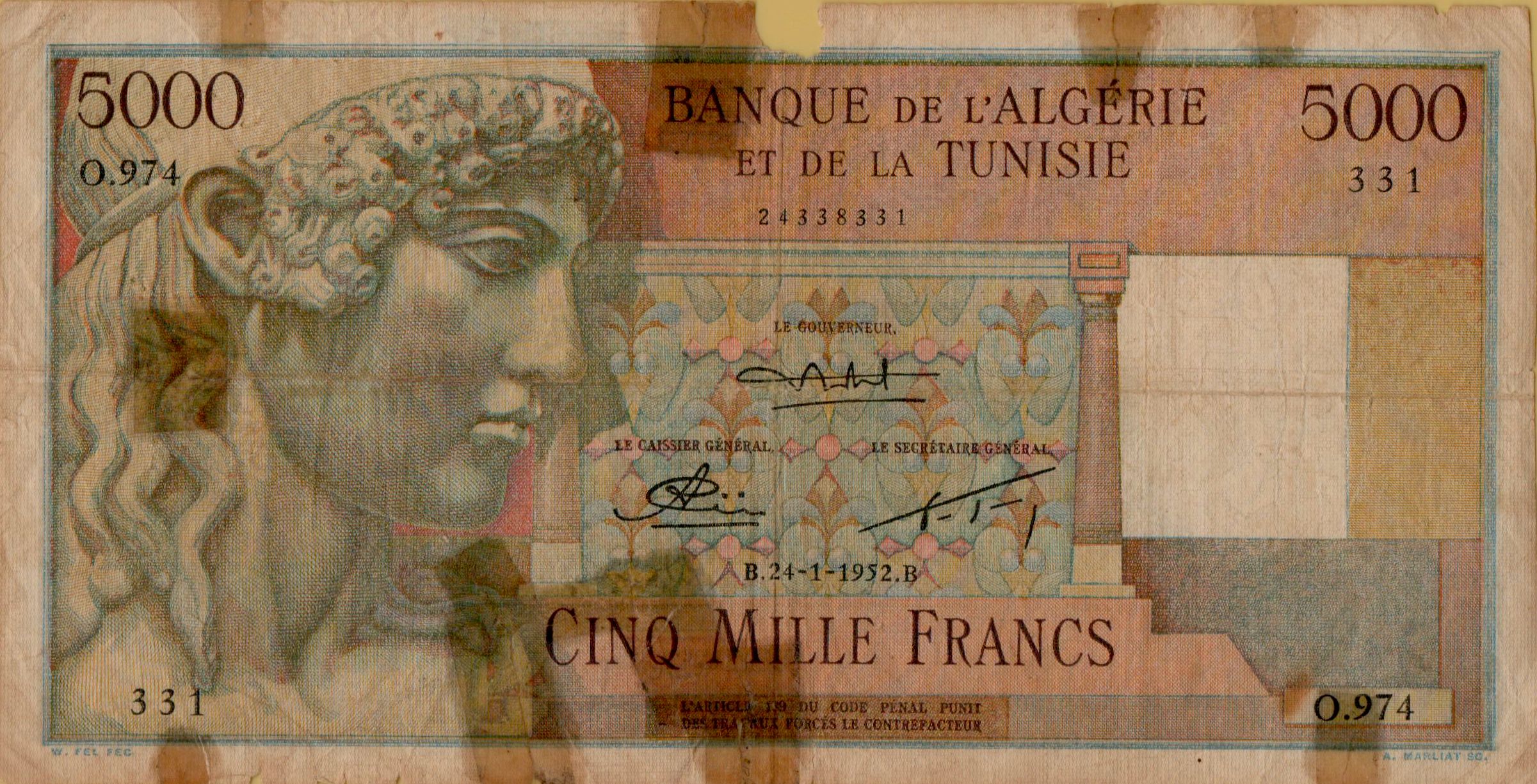 Algeria and Tunisia 5000 1952 VF Front 338331